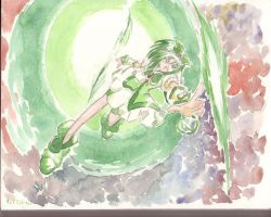 Rule 34 | 00s, 1girl, akimoto komachi, butterfly hair ornament, cure mint, green shorts, hair ornament, highres, magical girl, moodame, painting (medium), precure, shorts, shorts under skirt, solo, traditional media, watercolor (medium), yes! precure 5