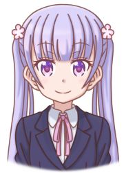 Rule 34 | 10s, 1girl, closed mouth, eyebrows, hair ornament, long hair, looking at viewer, mugen ouka, neck ribbon, new game!, portrait, purple eyes, purple hair, ribbon, simple background, smile, solo, suzukaze aoba, twintails, white background