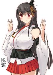 Rule 34 | 1girl, artist name, black hair, commentary request, cowboy shot, dated, detached sleeves, double v, fusou (kancolle), hair ornament, headgear, highres, japanese clothes, kantai collection, long hair, looking at viewer, one-hour drawing challenge, owa (ishtail), red eyes, red skirt, simple background, skirt, solo, standing, v, white background
