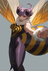 1girl absurdres arthropod_girl bare_shoulders bee_girl black_leotard black_pantyhose black_sclera breasts colored_sclera commentary_request cowboy_shot darkstalkers grey_background highres hyakka_(momokashinryu14) insect_girl insect_wings leotard medium_breasts medium_hair pantyhose purple_hair q-bee simple_background solo wings yellow_leotard