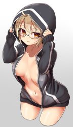 Rule 34 | 1girl, ahoge, artoria pendragon (fate), black-framed eyewear, black hoodie, blonde hair, bottomless, breasts, chiroshiron, collarbone, fate/grand order, fate (series), glasses, gradient background, grey background, highres, hood, hood up, hoodie, large breasts, long sleeves, mysterious heroine x alter (fate), mysterious heroine x alter (second ascension) (fate), naked hoodie, navel, no bra, open clothes, open hoodie, semi-rimless eyewear, simple background, solo, under-rim eyewear, unzipped, white background, yellow eyes