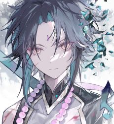 Rule 34 | 1boy, absurdres, bead necklace, beads, black hair, blood, blood on clothes, blue hair, closed mouth, cuts, facial mark, forehead mark, genshin impact, highres, injury, jewelry, looking at viewer, male focus, multicolored hair, necklace, nokoya, portrait, shards, simple background, solo, xiao (genshin impact), yellow eyes