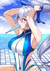 Rule 34 | 1girl, absurdres, adjusting hair, arms up, blue bow, blue one-piece swimsuit, blue sky, bow, breasts, cloud, commentary request, competition swimsuit, day, fate/grand order, fate (series), food, hair between eyes, hair bow, highleg, highleg swimsuit, highres, large breasts, long hair, melting, multicolored clothes, multicolored swimsuit, ocean, one-piece swimsuit, popsicle, red eyes, shinkai toro, silver hair, sky, solo, swimsuit, tomoe gozen (fate), tomoe gozen (swimsuit saber) (fate), tomoe gozen (swimsuit saber) (first ascension) (fate), very long hair, white one-piece swimsuit