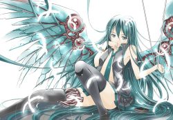 Rule 34 | 1girl, android, bad id, bad pixiv id, feathers, green eyes, green hair, hair down, hatsune miku, long hair, matching hair/eyes, mechanical wings, moonsorrow, necktie, open clothes, open shirt, shirt, simple background, sitting, skirt, solo, thighhighs, very long hair, vocaloid, white background, wings
