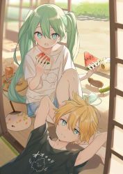 Rule 34 | 1boy, 1girl, aqua eyes, aqua hair, architecture, arms behind head, black shirt, blonde hair, blue eyes, collarbone, commentary, cucumber, cup, day, drink, drinking glass, east asian architecture, eating, eggplant, floral print, food, fruit, grass, hair between eyes, hand fan, hatsune miku, highres, holding, holding food, indoors, kagamine len, kiya machi, leaf print, long hair, looking at viewer, lying, on floor, open door, open mouth, paper fan, shirt, short sleeves, shouji, sitting, sliding doors, stone, summer, sweat, tatami, teeth, twintails, uchiwa, very long hair, vocaloid, watermelon, white shirt, wooden floor