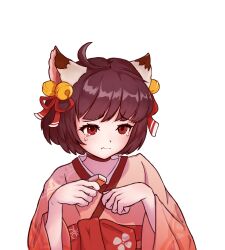 Rule 34 | 1girl, ahoge, animal ears, bell, blush, bow, brown hair, cat ears, cat girl, choker, commentary, gae bokchi, hair bell, hair ornament, hair ribbon, highres, holding, holding mahjong tile, ichihime, japanese clothes, jingle bell, kimono, lace-trimmed sleeves, lace trim, long sleeves, mahjong, mahjong soul, mahjong tile, obi, paw pose, pink kimono, red bow, red choker, red eyes, red ribbon, red sash, ribbon, sad, sash, short hair, simple background, solo, tearing up, upper body, waist bow, white background, wide sleeves