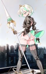 Rule 34 | 1girl, 2b (nier:automata), 2b (nier:automata) (cosplay), absurdres, alternate costume, ass, back cutout, black dress, black footwear, black gloves, blurry, blurry background, blush, boots, braid, breasts, cecilia immergreen, cityscape, closed mouth, clothing cutout, colored inner hair, commentary, cosplay, doll, doll joints, dress, english commentary, feather-trimmed sleeves, feet out of frame, gloves, green eyes, green hair, grey hair, grey sky, gurumie, hair ornament, high heel boots, high heels, highleg, highleg leotard, highres, holding, holding polearm, holding weapon, hololive, hololive english, joints, juliet sleeves, lance, leotard, long sleeves, looking at viewer, looking back, multicolored hair, nier:automata, nier (series), outdoors, polearm, puffy sleeves, rooftop, short hair, side braid, single braid, sky, small breasts, solo, standing, streaked hair, thigh boots, thighhighs, thighhighs under boots, two-sided dress, two-sided fabric, v-shaped eyebrows, virtual youtuber, weapon, white leotard, winding key