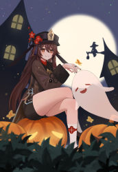 Rule 34 | 1girl, absurdres, broom, brown hair, egert, flower, full body, full moon, genshin impact, ghost, halloween, hat, hat flower, highres, hu tao (genshin impact), jewelry, crossed legs, long sleeves, looking at viewer, moon, nail polish, night, night sky, pumpkin, red eyes, ring, shadow, short shorts, shorts, sitting, sky, smile, socks, solo, tailcoat, thighs, top hat, twintails, witch hat