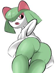 Rule 34 | 1girl, ass, breasts, colored skin, creatures (company), female focus, from behind, from below, game freak, gen 3 pokemon, green hair, green skin, hair over one eye, hand up, kirlia, kneepits, looking at viewer, looking back, looking down, multicolored skin, nintendo, open mouth, pokemon, pokemon (creature), red eyes, short hair, simple background, small breasts, solo, standing, two-tone skin, vilepluff, white background, white skin