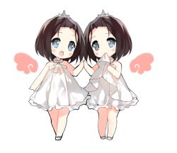 Rule 34 | 2girls, blush, chibi, full body, looking at viewer, mouth hold, multiple girls, open mouth, original, saru, short hair, siblings, simple background, smile, twins, white background