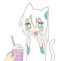Rule 34 | 1girl, :&lt;, animal ears, cat ears, cat girl, cat tail, chibi, closed mouth, commentary, cup, disposable cup, dress, drinking straw, english commentary, green eyes, grimace shake (meme), hair between eyes, hands up, highres, holding, holding cup, jitome, long hair, long sleeves, looking at viewer, matcha ore p, meme, milkshake, original, oversized clothes, oversized shirt, shirt, sidelocks, simple background, solo focus, sparkling eyes, standing, tail, upper body, white background, white dress, white hair