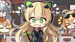 Rule 34 | &gt; &lt;, + +, 4girls, 7:08, animal ear headphones, animal ears, blonde hair, blush, blush stickers, borrowed clothes, brown hair, cafe, cat ear headphones, chair, character request, cheering, chibi, closed eyes, commentary request, embarrassed, eyewear on head, fake animal ears, gift, girls&#039; frontline, green eyes, hair between eyes, hair ornament, hair ribbon, headphones, highres, holding, holding gift, kalina (girls&#039; frontline), long hair, long sleeves, looking at viewer, multiple girls, open mouth, orange hair, ribbon, sidelocks, smile, springfield (girls&#039; frontline), star (symbol), sunglasses, table, tail, tail ornament, tmp (girls&#039; frontline), upper body