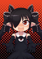 Rule 34 | 1girl, :d, backbeako (torotei), backbeard, black background, black dress, black gloves, black hair, black ribbon, blush, commentary request, dress, elbow gloves, gegege no kitarou, gloves, hair over one eye, hair ribbon, halloween, long hair, looking at viewer, open hands, open mouth, orange background, original, outstretched arms, pointy ears, red eyes, ribbon, ringed eyes, simple background, sleeveless, sleeveless dress, smile, solo, straight-on, torotei, twintails, two-tone background, upper body, variant set