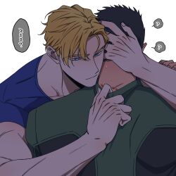 Rule 34 | 2boys, ao isami, bara, black hair, blonde hair, body blush, couple, facial hair, finger under clothes, hand on another&#039;s head, kobabayashi0704, lewis smith, looking down, male focus, multiple boys, muscular, muscular male, sideburns stubble, stubble, sweat, thick eyebrows, translation request, undressing another, upper body, yaoi, yuuki bakuhatsu bang bravern
