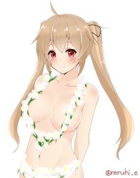 Rule 34 | 10s, 1girl, ahoge, blonde hair, blush, breasts, closed mouth, collarbone, flower, flower necklace, jewelry, kantai collection, large breasts, lei, looking at viewer, murasame (kancolle), navel, necklace, neruhi, nude, red eyes, shiny skin, simple background, solo, twintails, twitter username, upper body, white background, wreath