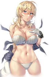 Rule 34 | 1girl, ahoge, blonde hair, blue eyes, blush, bra, breasts, cleavage, collarbone, cowboy shot, cropped legs, gloves, hair between eyes, hair ornament, hairclip, highres, kantai collection, kokuzou, large breasts, long hair, navel, open mouth, panties, simple background, solo, tuscaloosa (kancolle), underwear, white background, white bra, white gloves, white panties
