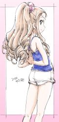 Rule 34 | 1girl, arms behind head, artist name, bad id, bad twitter id, blonde hair, blue shirt, camisole, casual, closed mouth, commentary, dated, drill hair, erakin, from behind, girls und panzer, green eyes, gym shorts, hair ornament, hair scrunchie, hair up, highres, kneepits, long hair, looking at viewer, looking back, marie (girls und panzer), one-hour drawing challenge, outside border, pink scrunchie, ponytail, scrunchie, shirt, short shorts, shorts, signature, sketch, smile, solo, standing, stretching, traditional media