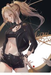 Rule 34 | 1girl, alternate costume, arknights, bandeau, black background, black choker, black jacket, black shorts, blonde hair, brown eyes, chain, choker, commentary request, cowboy shot, earrings, highres, hoop earrings, jacket, jewelry, lion tail, long hair, long sleeves, midriff, nail polish, navel, open clothes, open jacket, ponytail, ring, short shorts, shorts, side slit, siege (arknights), solo, standing, stomach, strapless, tail, tube top, xi-u, yellow nails