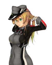 Rule 34 | 10s, 1girl, adjusting hair, arms behind head, blonde hair, breasts, covered navel, cross, gloves, green eyes, hat, highres, iron cross, kantai collection, large breasts, long sleeves, military, military hat, military uniform, nanao (aoyamahikari), peaked cap, prinz eugen (kancolle), simple background, smile, solo, tying hair, uniform, upper body, white background, white gloves