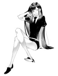Rule 34 | 1other, androgynous, black footwear, blunt bangs, collared shirt, colored skin, crossed legs, greyscale, hand in own hair, houseki no kuni, kyou zuki, lapis lazuli (houseki no kuni), legs, long hair, monochrome, necktie, puffy sleeves, shirt, shoes, shorts, sitting, smile, straight hair, white skin