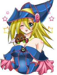 Rule 34 | :p, ;p, bad id, bad pixiv id, bare shoulders, blonde hair, blush, dark magician girl, detached sleeves, duel monster, green eyes, hat, kuriboh, kuro (pixiv245574), long hair, monster, one eye closed, solo, tongue, tongue out, winged kuriboh, wink, witch hat, yu-gi-oh!, yu-gi-oh! duel monsters