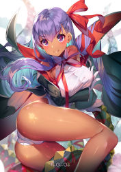 Rule 34 | 1girl, ass, bb (fate), bb (fate) (all), bb (swimsuit mooncancer) (fate), bb (swimsuit mooncancer) (third ascension) (fate), black coat, black jacket, blush, breast hold, breasts, coat, copyright name, crossed arms, dark-skinned female, dark skin, fate/grand order, fate (series), gloves, hair ribbon, highleg, highleg leotard, jacket, large breasts, leotard, long hair, long sleeves, one-piece swimsuit, open clothes, open jacket, purple eyes, purple hair, red ribbon, ribbon, solo, swimsuit, tentacles, very long hair, white gloves, white leotard, white one-piece swimsuit, wide sleeves, yoshimoto (dear life)