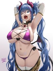 Rule 34 | 1girl, armlet, armpits, arms behind head, arms up, bare shoulders, bikini, blue eyes, blue hair, blush, breasts, cleavage, collarbone, demon girl, demon horns, demon tail, demon wings, elbow gloves, fangs, gloves, highres, horns, large breasts, long hair, oekakizuki, one eye closed, open mouth, original, pointy ears, purple bikini, swimsuit, tail, thighhighs, thighs, very long hair, white gloves, wings