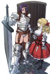 Rule 34 | 2girls, amalia (unicorn overlord), armored leotard, blonde hair, dress, drill hair, eyepatch, gauntlets, holding, holding shield, huge weapon, light blush, looking at another, multiple girls, o-ring garter belt, scarlett (unicorn overlord), shield, smile, sweater under dress, sword, tall female, tower shield, uhana, unicorn overlord, weapon