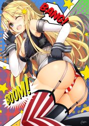 Rule 34 | 10s, 1girl, ;d, ass, bad id, bad pixiv id, bare shoulders, blonde hair, blue eyes, blush, breasts, cleavage, elbow gloves, finger gun, from behind, garter straps, gloves, headgear, iowa (kancolle), kantai collection, large breasts, long hair, looking at viewer, looking back, minari (minari37), miniskirt, one eye closed, open mouth, panties, skirt, smile, solo, sound effects, star-shaped pupils, star (symbol), striped clothes, striped panties, striped thighhighs, symbol-shaped pupils, thighhighs, underwear, vertical-striped clothes, vertical-striped thighhighs