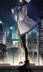 Rule 34 | 1girl, boots, building, cityscape, from side, hand on own chest, long hair, long sleeves, looking up, luen kulo, night, signature, solo