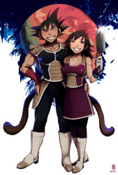Rule 34 | 1boy, 1girl, bardock, black hair, breasts, brown hair, cleaver, dragon ball, dragon ball z, dragonball z, gine, gloves, grin, harumaki, husband and wife, large breasts, long hair, looking at viewer, one eye closed, planet, smile, standing, tail, white background, wink