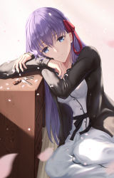 Rule 34 | 1girl, absurdres, black jacket, blue eyes, blurry, blurry foreground, bow, buttons, cabinet, closed mouth, commentary request, dress, fate/stay night, fate (series), feet out of frame, hair ribbon, head rest, heaven&#039;s feel, highres, jacket, key, light smile, long hair, long sleeves, looking at viewer, matou sakura, official alternate costume, petals, purple hair, red ribbon, ribbon, sitting, solo, tooku0, waist bow, white dress, yokozuwari