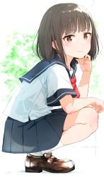 Rule 34 | 1girl, black sailor collar, black skirt, blush, bob cut, brown eyes, brown footwear, brown hair, closed mouth, commentary request, gomennasai, hand up, highres, loafers, looking at viewer, looking to the side, nail polish, original, pleated skirt, red neckwear, sailor collar, school uniform, serafuku, shirt, shoes, short sleeves, skirt, smile, socks, solo, squatting, white nails, white shirt, white socks