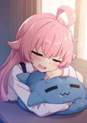 Rule 34 | 1girl, ahoge, blue archive, blush, closed eyes, commentary request, crossed bangs, drooling, fang, highres, hoshino (blue archive), indoors, lolikaku, long sleeves, mouth drool, open mouth, pink hair, revision, shirt, shoulder strap, sleeping, sleeping upright, solo, stuffed animal, stuffed toy, stuffed whale, upper body, white shirt