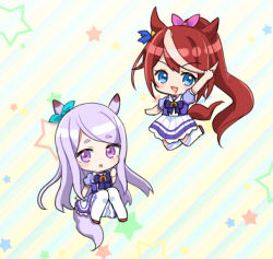 Rule 34 | 2girls, :&gt;, :o, animal ears, blue bow, blue eyes, blue shirt, blush, bow, brown footwear, brown hair, chibi, commentary request, hair ribbon, hand up, horse ears, horse girl, horse tail, knees together feet apart, knees up, long hair, mejiro mcqueen (umamusume), multicolored hair, multiple girls, open mouth, parted lips, pink ribbon, pleated skirt, ponytail, puffy short sleeves, puffy sleeves, purple eyes, purple hair, ribbon, school uniform, shirt, shoes, short sleeves, skirt, star (symbol), starry background, streaked hair, tail, thighhighs, tokai teio (umamusume), tracen school uniform, triangle mouth, umamusume, v-shaped eyebrows, very long hair, white skirt, ye yin (canoti u)