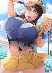 Rule 34 | 1girl, :d, alcohol, arm up, backpack, bag, baseball cap, beer, black hair, blue eyes, blue shirt, blue sky, breasts, commentary request, cup, day, halterneck, hat, highres, holding, holding cup, large breasts, microskirt, midriff, navel, open mouth, original, outdoors, pleated skirt, shirt, short sleeves, skirt, sky, smile, solo, stadium, standing, teeth, thighs, upper teeth only, yellow skirt, yutsuki tsuzuri, yuzuki tsuzuru