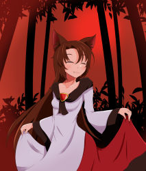 Rule 34 | 1girl, :3, animal ears, bamboo, bamboo forest, blush, breasts, brooch, brown hair, closed eyes, collarbone, dress, forest, gradient background, highres, imaizumi kagerou, jewelry, long hair, long sleeves, migi ma hidari, nature, solo, touhou, wolf ears