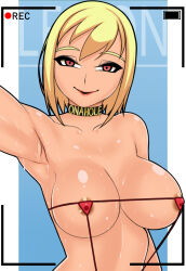 Rule 34 | 1girl, arm at side, armpits, bikini, blonde hair, blue background, border, breasts, choker, cleavage, collarbone, commentary, covered erect nipples, english commentary, highres, large breasts, lips, looking at viewer, medium hair, micro bikini, original, outstretched arm, parted lips, pov, presenting armpit, recording, red eyes, saberrung, shiny skin, simple background, smile, solo, sweat, swimsuit, upper body, white border