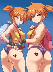 Rule 34 | 2girls, ass, ass tattoo, bare arms, bare legs, bare shoulders, blue background, blush, breasts, cowboy shot, creatures (company), curvy, female focus, game freak, gloves, grin, hair between eyes, head tilt, heart, heart tattoo, highres, hip focus, huge ass, konno tohiro, looking at viewer, micro shorts, misty (pokemon), multiple girls, multiple persona, naughty face, nintendo, poke ball, poke ball (basic), poke ball symbol, pokemon, pokemon (anime), pokemon (classic anime), shiny skin, short hair, short shorts, shorts, side ponytail, simple background, smile, standing, tattoo, teeth, thighs, v-shaped eyebrows, wide hips