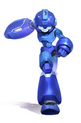 Rule 34 | 1boy, absurdres, blue eyes, clenched hand, helmet, highres, humanoid robot, male focus, mega man (character), mega man (classic), mega man (series), robot, running, shadow, shimoguchi tomohiro, simple background, solo, weapon, white background