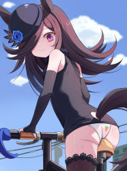 Rule 34 | 1girl, animal ears, ass, back-print panties, bad id, bad pixiv id, bicycle, black hair, breasts, commentary, detached sleeves, english commentary, hat, highres, horse ears, horse tail, looking at viewer, panties, print panties, purple eyes, rice shower (umamusume), sky, small breasts, smile, solo, sseopik, tail, thighs, umamusume, underwear, wedgie