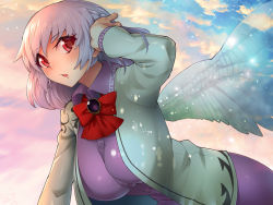 Rule 34 | 1girl, angel wings, beige jacket, bent over, blue sky, blush, braid, breasts, brooch, cloud, cloudy sky, dress, artistic error, french braid, from side, hand up, hanging breasts, jewelry, kishin sagume, large breasts, light particles, long sleeves, looking at viewer, open mouth, pink lips, pink sky, purple dress, red eyes, ribbon, shiny clothes, short hair, silver hair, single wing, sky, solo, sunlight, sunset, touhou, umigarasu (kitsune1963), upper body, wings