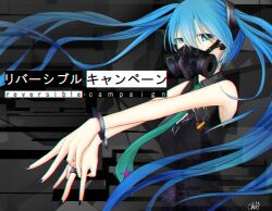 Rule 34 | 1girl, ahoge, armpits, badge, bare shoulders, black shirt, blue eyes, blue hair, bracelet, chro-kyi, commentary request, hand up, hatsune miku, heart, holding, holding heart, i heart..., jewelry, long hair, mask, mouth mask, necktie, partial commentary, respirator, reversible campaign (vocaloid), shirt, sideways glance, sleeveless, sleeveless shirt, solo, song name, star (symbol), star print, twintails, upper body, vocaloid