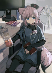 Rule 34 | 1girl, alternate costume, animal ears, arknights, bad id, bad pixiv id, blue eyes, chair, chinese commentary, closed mouth, commentary request, cross, feet out of frame, flower, fox ears, fox tail, hat, holding, holding notebook, holding test tube, id card, long sleeves, looking at viewer, medical scrubs, monitor, notebook, nurse cap, office chair, pink hair, red cross, red medicine, short hair, sitting, sleeves past wrists, smile, solo, stethoscope, sussurro (arknights), swivel chair, tail, test tube, vase, white flower