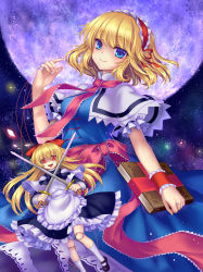 Rule 34 | 1girl, alice margatroid, apron, blonde hair, blue eyes, blush, book, bow, capelet, doll, doll joints, dress, dual wielding, fingernails, full moon, grimoire, hair between eyes, hair bow, hair ornament, hairband, head tilt, holding, jewelry, joints, kneehighs, legs, lolita hairband, long fingernails, long hair, long image, long sleeves, looking at viewer, mary janes, mirror (xilu4), moon, night, night sky, open mouth, red eyes, ribbon, ring, sash, shaded face, shanghai doll, shoes, short hair, short sleeves, skirt, sky, smile, socks, standing, star (sky), starry sky, string, sword, tall image, tongue, tongue out, touhou, wavy hair, weapon