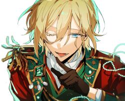 Rule 34 | 1boy, blonde hair, blue eyes, brown pants, collared shirt, colored eyelashes, eichi turnr, ensemble stars!, green vest, grey background, highres, jacket, long sleeves, looking at viewer, male focus, official alternate costume, one eye closed, open mouth, pants, red jacket, shirt, smile, solo, teeth, tenshouin eichi, tongue, vest, white shirt