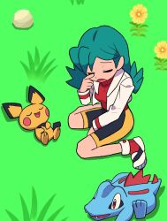 Rule 34 | 1girl, :o, bike shorts, closed eyes, commentary, creatures (company), day, flower, game freak, gen 2 pokemon, grass, green hair, hand up, jacket, kris (pokemon), long hair, long sleeves, nintendo, open clothes, open jacket, open mouth, outdoors, pichu, pokemon, pokemon (creature), pokemon gsc, red shirt, rock, shirt, shoes, sleepy, symbol-only commentary, totodile, tyako 089, white jacket, yellow flower