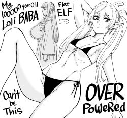 Rule 34 | ..., 2girls, :&lt;, absurdres, arms behind head, bb (baalbuddy), bikini, breasts, commentary, dangle earrings, earrings, elf, english commentary, english text, female focus, fern (sousou no frieren), frieren, from side, front-tie bikini top, front-tie top, greyscale, groin, highres, jewelry, knees up, large breasts, long hair, long sleeves, looking at viewer, monochrome, multiple girls, navel, pointy ears, profile, ribs, side-tie bikini bottom, small breasts, sousou no frieren, speech bubble, spoken ellipsis, stomach, swimsuit, thighs, twintails, wide sleeves