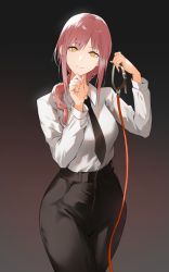 Rule 34 | 1girl, braid, breasts, chainsaw man, collar, formal, gradient background, high-waist pants, highres, leash, long hair, looking at viewer, makima (chainsaw man), medium breasts, necktie, nr noir, pants, pink hair, pov, shirt tucked in, smile, solo, suit, viewer on leash, yellow eyes