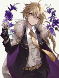 Rule 34 | 1boy, aether (genshin impact), ahoge, alternate costume, artist name, asagizuisen, belt, black gloves, black jacket, black pants, blonde hair, braid, brown necktie, buttons, card, chain, cloak, closed mouth, collared jacket, collared shirt, commentary request, earrings, floral background, flower, genshin impact, gloves, gold chain, gold earrings, grey cloak, hair between eyes, hand in pocket, hand up, highres, holding, holding card, hood, hooded cloak, jacket, jewelry, leaf, long hair, long sleeves, looking at viewer, male focus, necktie, open clothes, open jacket, pants, pocket, purple cloak, purple flower, shirt, solo, two-tone cloak, v-shaped eyebrows, white background, white shirt, yellow belt, yellow eyes